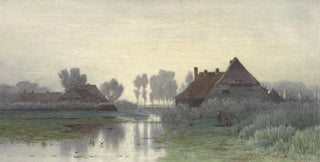 Paul Joseph Constantin Gabril - Boerenwoningen aan het water bij ochtendnevel.webp