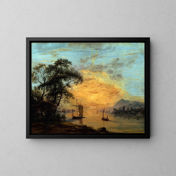 Un paesaggio fluviale al tramonto gallese - Paul Sandby — quadro incorniciato alla parete