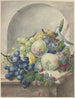 Morceau di frutta in una nicchia su un tavolo in marmo prugne pesche uva e more - Paul Theodor van Brussel — vista dell’opera
