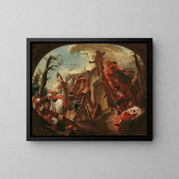 Il santo Cassiano di Imola rovescia la statua di Plutone sul suolo - Paul Troger — quadro incorniciato alla parete