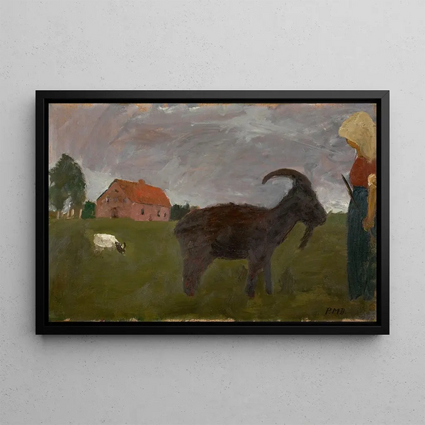 contadino con due capre davanti alla fattoria - Paula Modersohn-Becker — quadro incorniciato alla parete
