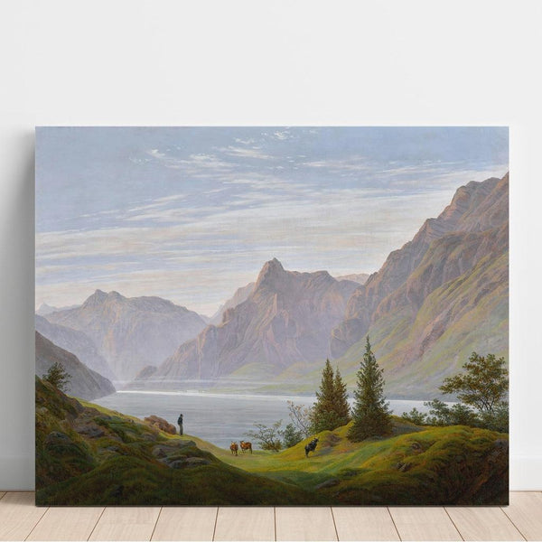 Riproduzione del dipinto Paesaggio con lago di montagna, mattina - Caspar David Friedrich