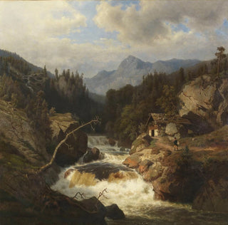 Leonhard Rausch - Gebirgslandschaft mit Jgersmann am tosenden Fluss.webp
