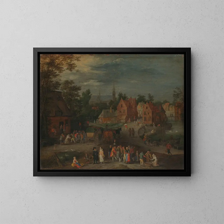 Villaggio con un burattinaio che intrattiene una piccola folla - Peeter Gijsels — quadro incorniciato alla parete