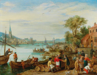 Peeter Gysels - A river landscape with a harbour scene.webp