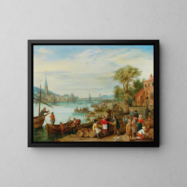 Un paesaggio fluviale con una scena di porto - Peeter Gijsels — quadro incorniciato alla parete