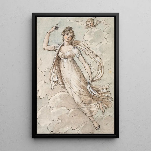 Donna fluttuante nel cielo osservata da un cherubino - Peltro William Tomkins — quadro incorniciato alla parete