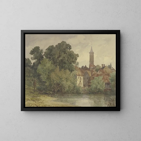 stagno dietro le case di un villaggio con campanile - Peter Burnitz — quadro incorniciato alla parete