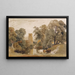 Paesaggio con bestiame, oche, una donna che lava i vestiti sul bordo di un fiume e un campanile in lontananza - Peter De Wint — quadro incorniciato alla parete