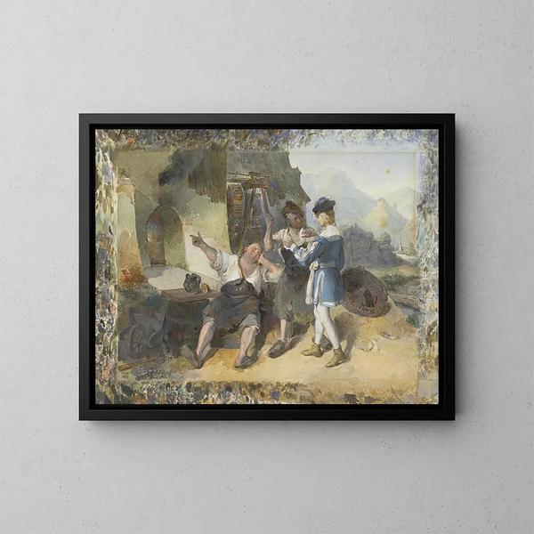 Fridolin e due operai alla forgia - Peter Fendi — quadro incorniciato alla parete
