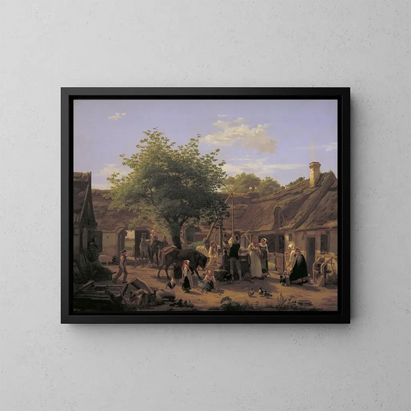Immagine della vita in una fattoria del Sjælland a mezzogiorno - Peter Julius Larsen — quadro incorniciato alla parete