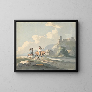 Peter La Cave - Composition two travellers and a dog on a road passing cottages with ruins on a hill.webp