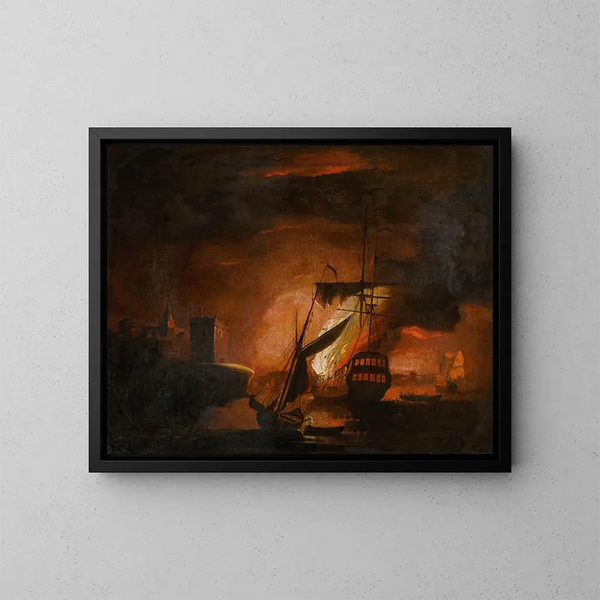 Un navire en feu la nuit - Peter Monamy — quadro incorniciato alla parete