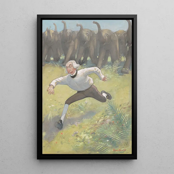 Uomo in fuga dagli elefanti - Peter Newell — quadro incorniciato alla parete