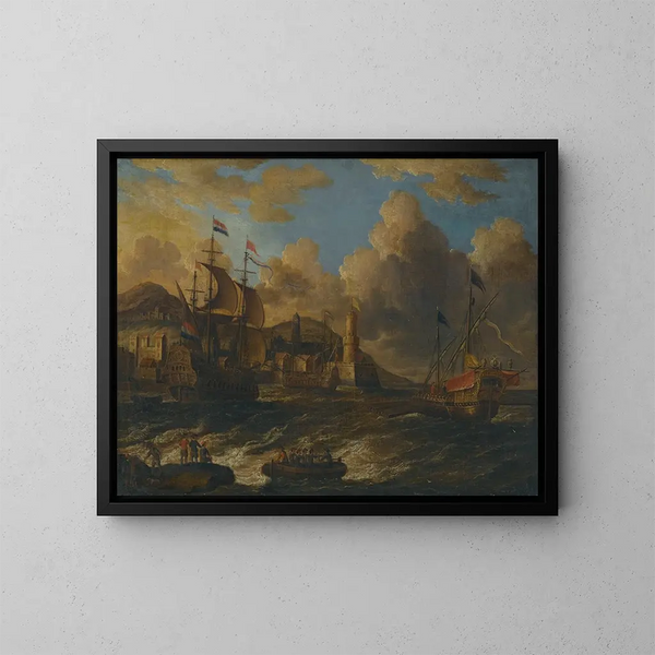 Bateaux néerlandais en mer au large d'une ville fortifiée - Peter van de Velde — quadro incorniciato alla parete