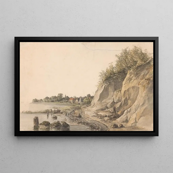 Petrus Johannes Schotel - Rotsachtige rivieroever met op de achtergrond enkele huizen.webp