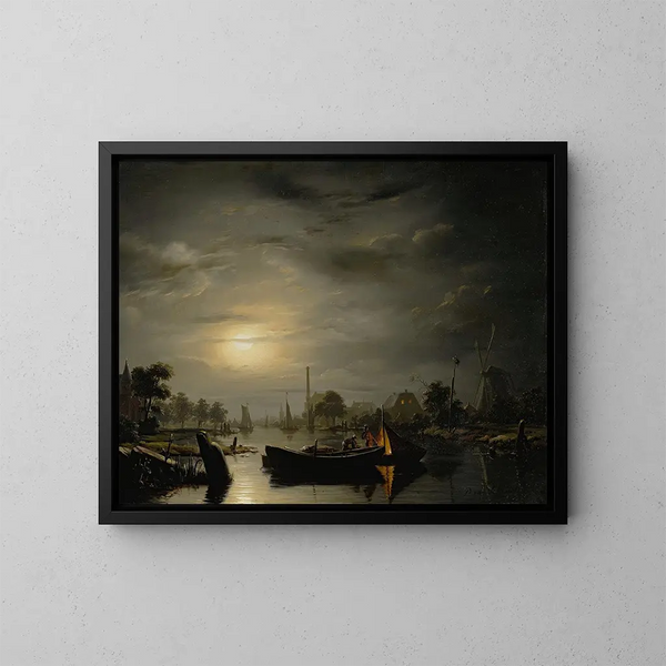 Un paesaggio fluviale al chiaro di luna argentato - Petrus van Schendel — quadro incorniciato alla parete