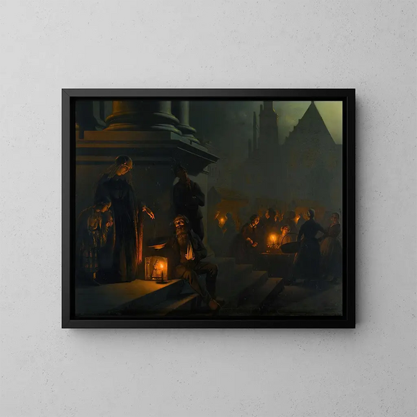 Charité al mercato notturno - Petrus van Schendel — quadro incorniciato alla parete