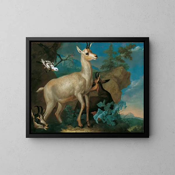 Tre stambecchi e un merlo - Philipp Ferdinand de Hamilton — quadro incorniciato alla parete