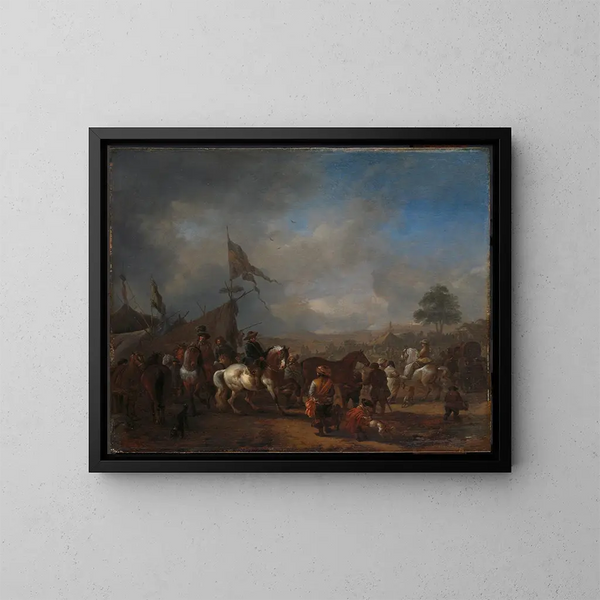 Una fiera di cavalli vicino a un campo militare - Philips Wouwerman — quadro incorniciato alla parete