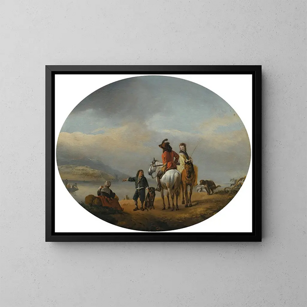 Una dama e un gentiluomo a cavallo mostrati a un traghetto in avvicinamento da un giovane paggio - Philips Wouwerman — quadro incorniciato alla parete