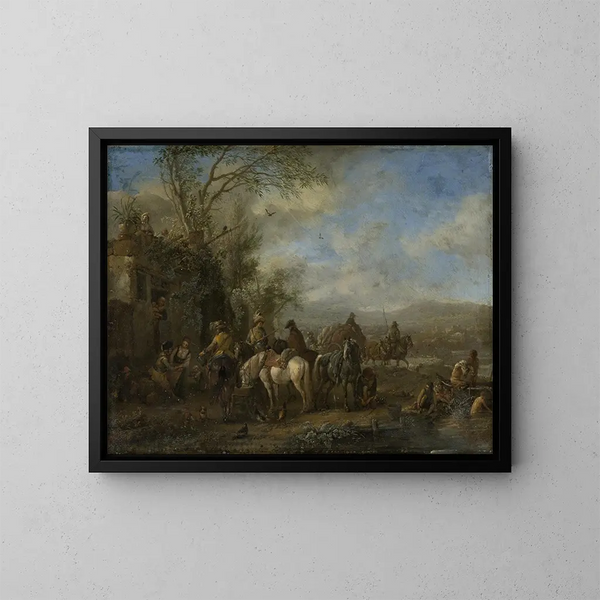 Cavalli armati davanti a una locanda - Philips Wouwerman — quadro incorniciato alla parete