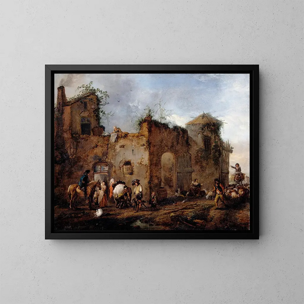 Cortile con un fabbro che calza un cavallo - Philips Wouwerman — quadro incorniciato alla parete