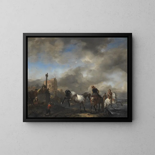 Étang à chevaux près d'une pierre de limite - Philips Wouwerman — quadro incorniciato alla parete