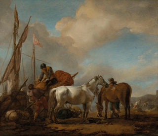 Philips Wouwerman - Horses in a landscape with figures loading bales onto a boat.webp