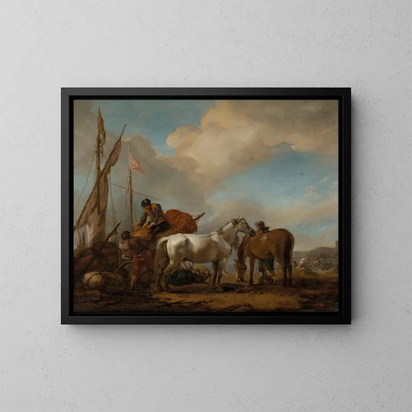 Cavalli in un paesaggio con personaggi che caricano balle su una barca - Philips Wouwerman — quadro incorniciato alla parete