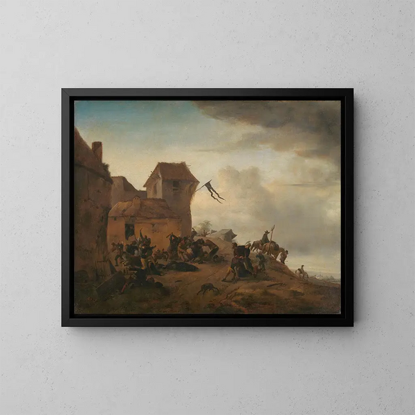 Contadini che combattono vicino a un villaggio - Philips Wouwerman — quadro incorniciato alla parete