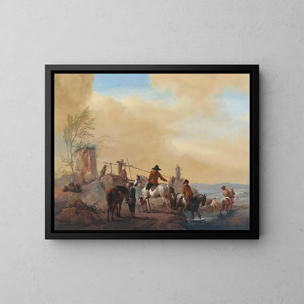 Cavalli e cavalli che si riposano vicino a un fiume - Philips Wouwerman — quadro incorniciato alla parete