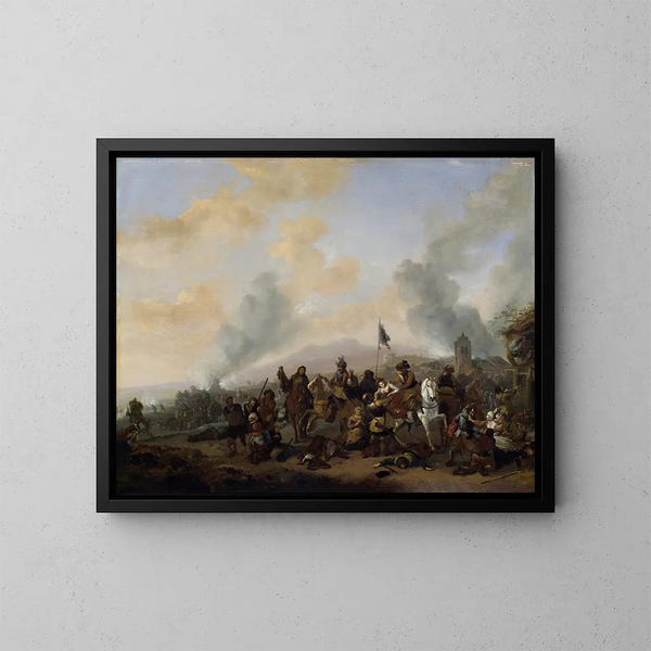 Dei soldati che saccheggiano un villaggio - Philips Wouwerman — quadro incorniciato alla parete