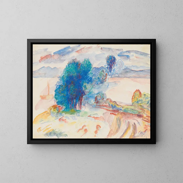 Alberi sul bordo dell'acqua e veliero - Pierre-Auguste Renoir — quadro incorniciato alla parete
