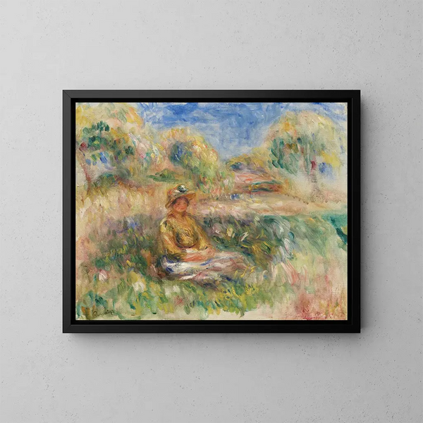Donna seduta in un paesaggio - Pierre-Auguste Renoir — quadro incorniciato alla parete