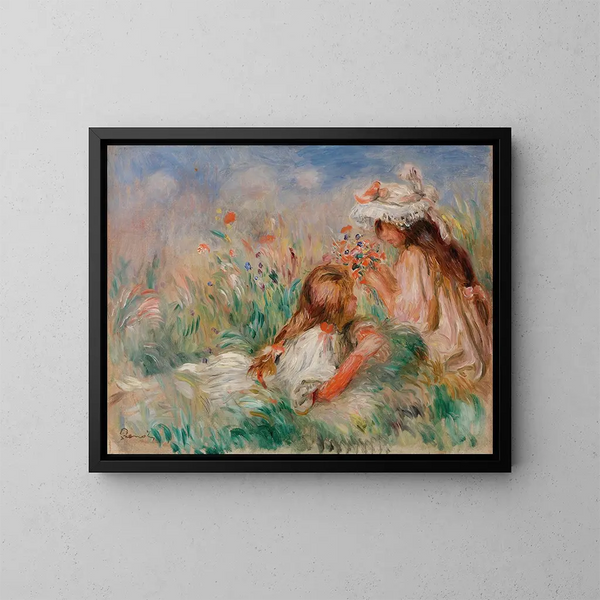 Filles dans l'herbe arrangant un bouquet - Pierre-Auguste Renoir — quadro incorniciato alla parete