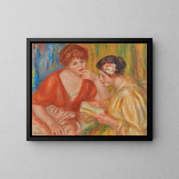La Lecture. Due donne con corpetti rossi e rosa - Pierre-Auguste Renoir — quadro incorniciato alla parete