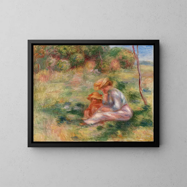 Donna e bambino nell'erba - Pierre-Auguste Renoir — quadro incorniciato alla parete