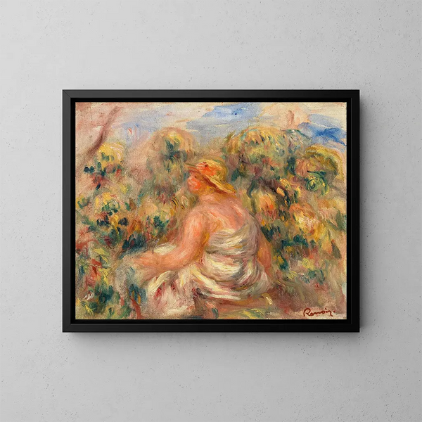 Donna con cappello in un paesaggio - Pierre-Auguste Renoir — quadro incorniciato alla parete