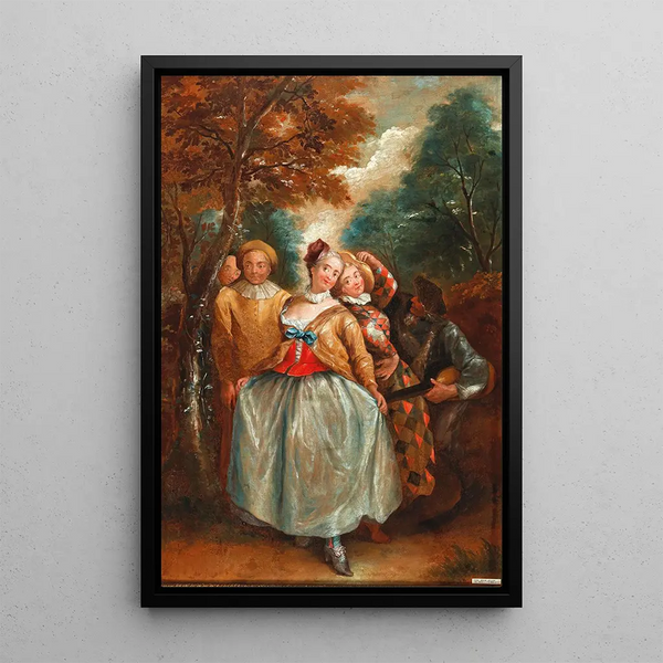 Una scena della Commedia dell'Arte con Colombina, Arlecchino e Pierrot - Pierre Antoine Quillard — quadro incorniciato alla parete