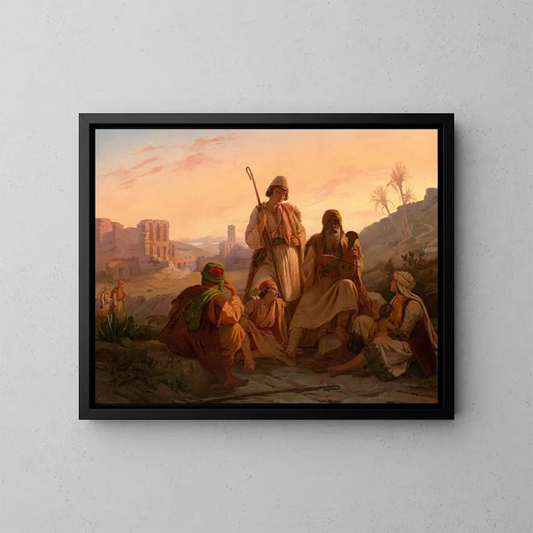 La preghiera serale dei pastori tra le rovine del teatro di Erode Attico ai piedi dell'Acropoli di Atene - Pierre Bonirote — quadro incorniciato alla parete