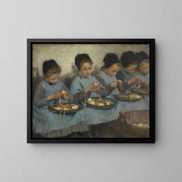 Filles de ferme épluchant des pommes de terre - Pierre Jacques Dierckx — quadro incorniciato alla parete