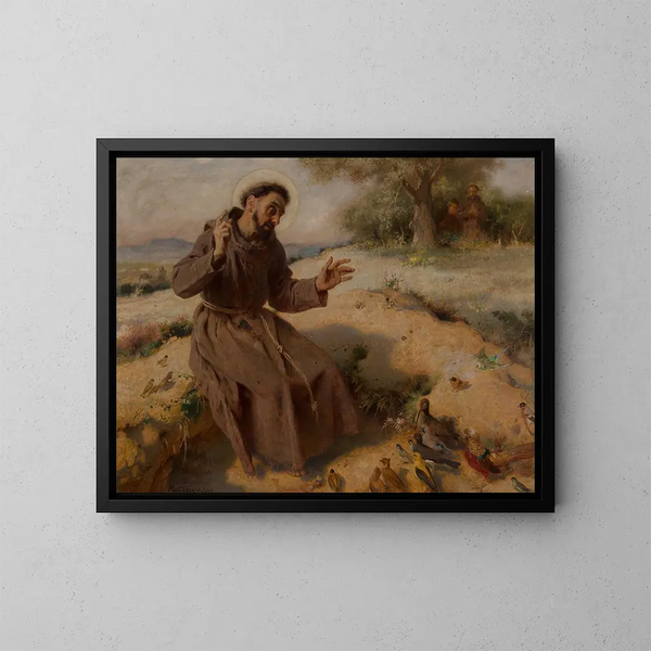 San Francesco che predica agli uccelli - Pierre Jean Van der Ouderaa — quadro incorniciato alla parete
