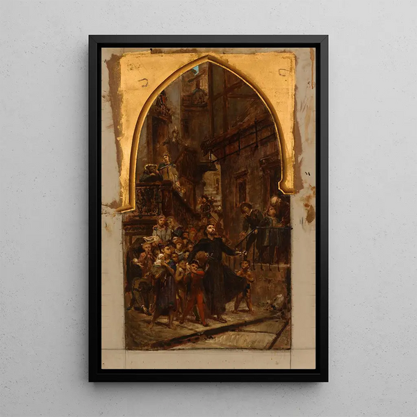 San Francesco Saverio che percorre le strade di Goa per chiamare i bambini e gli schiavi al catechismo - Pierre Paul Léon Glaize — quadro incorniciato alla parete