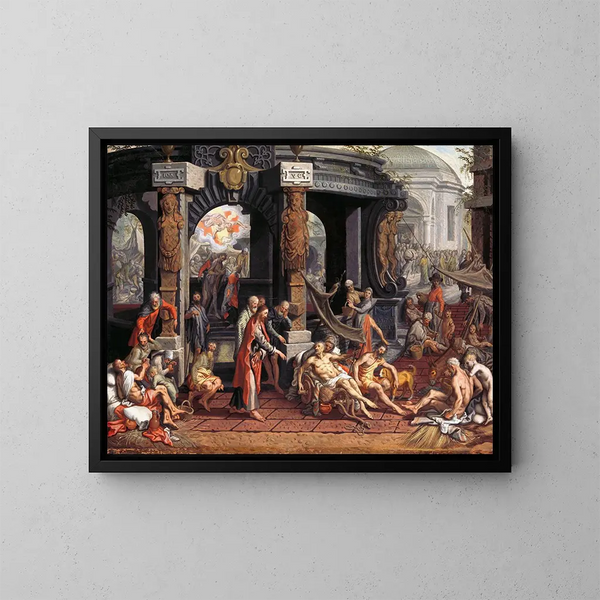 La guarigione del paralitico nella piscina di Betesda - Pieter Aertsen — quadro incorniciato alla parete