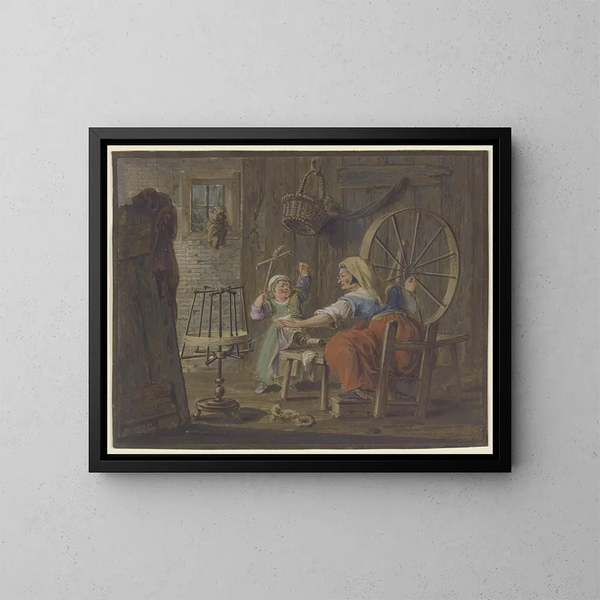 Una vecchia donna fila del filo mentre un bambino con un uccello - Pieter Bartholomeusz Barbiers — quadro incorniciato alla parete