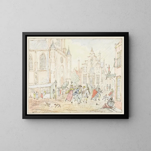 pieno con persone sotto la pioggia - Pieter Bartholomeusz Barbiers — quadro incorniciato alla parete