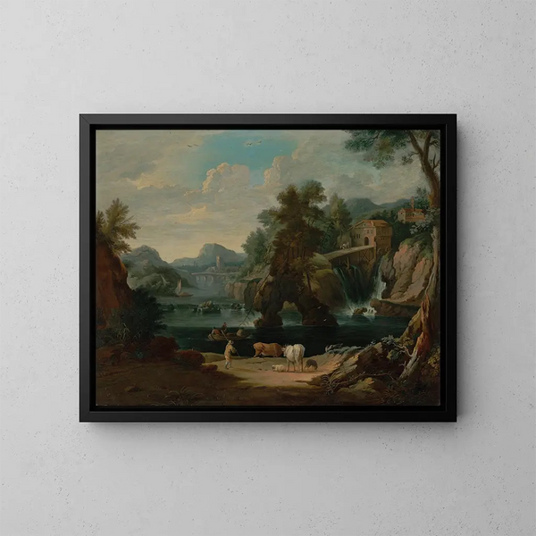 Un guardiano di mucche sul bordo di un fiume in cascata - Pieter Bout — quadro incorniciato alla parete