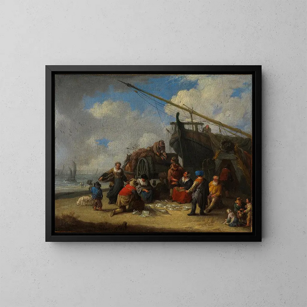 Mercato del pesce sulla spiaggia - Pieter Bout — quadro incorniciato alla parete