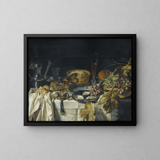 Pieter Claesz - Nature morte au mince pie panier de raisins pichet en tain et montre.webp